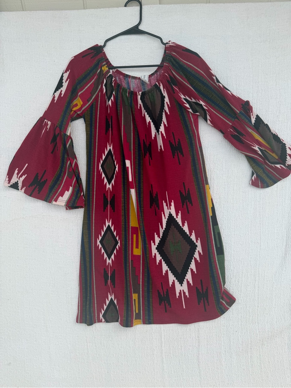 Boho Aztec Midi Dress in Burgundy off the shoulder made in USA sz Large